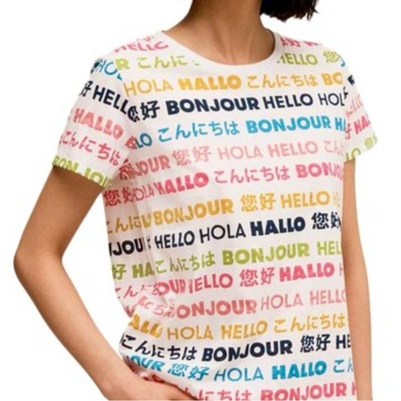 ⭐️ Kate Spade Hello Bon Jour Multicultural Short Sleeve Tee EUC Size EXTRA SMALL - Picture 1 of 9